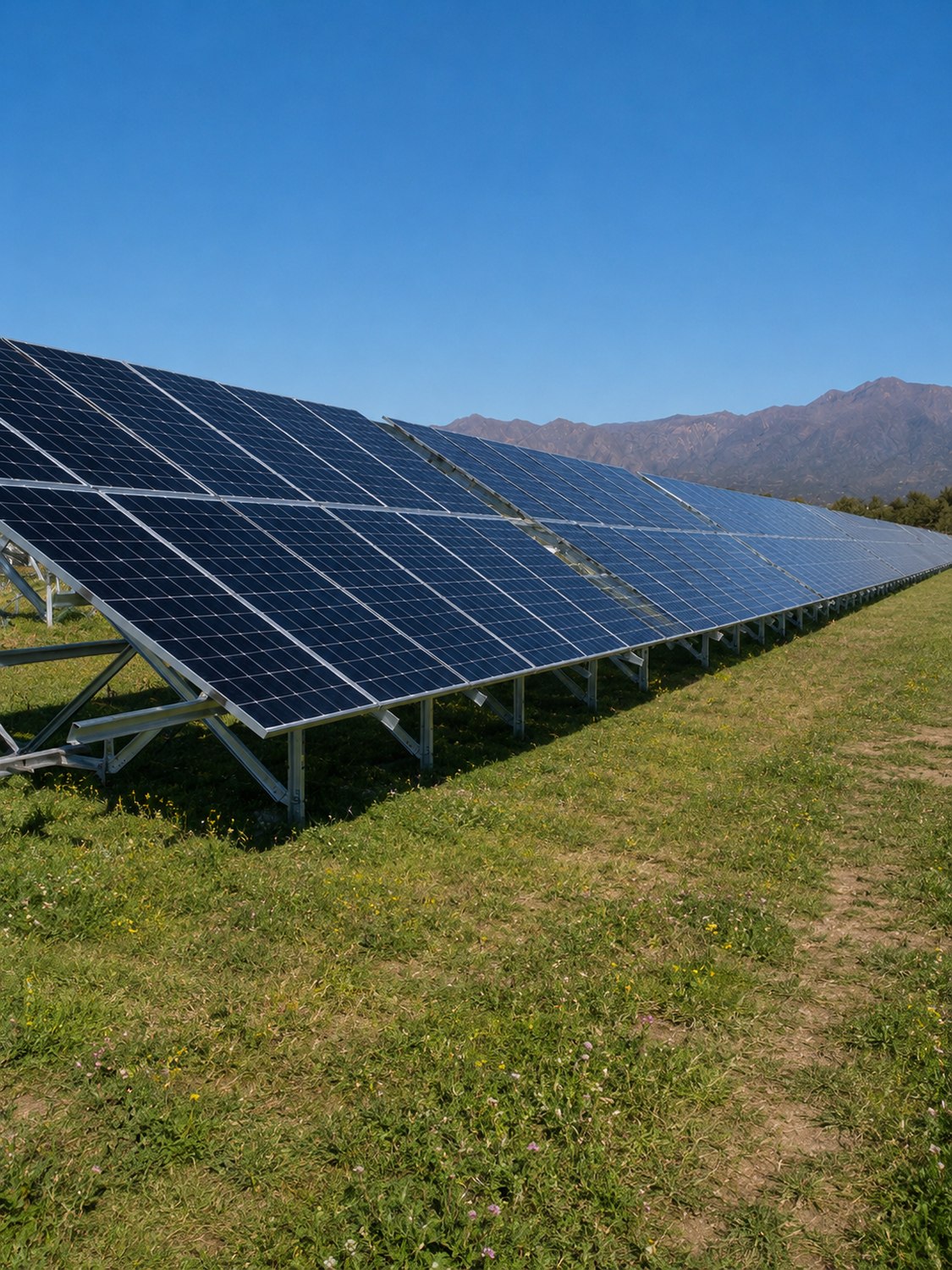 Parque solar fotovoltaico con módulos sobre estructura metálica y sierras de fondo